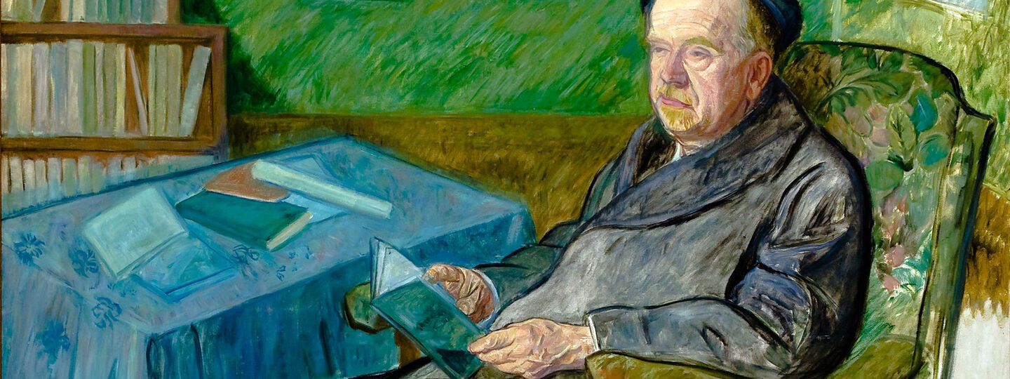 Pío Baroja sitting reading in his study, by Juan de Echevarria