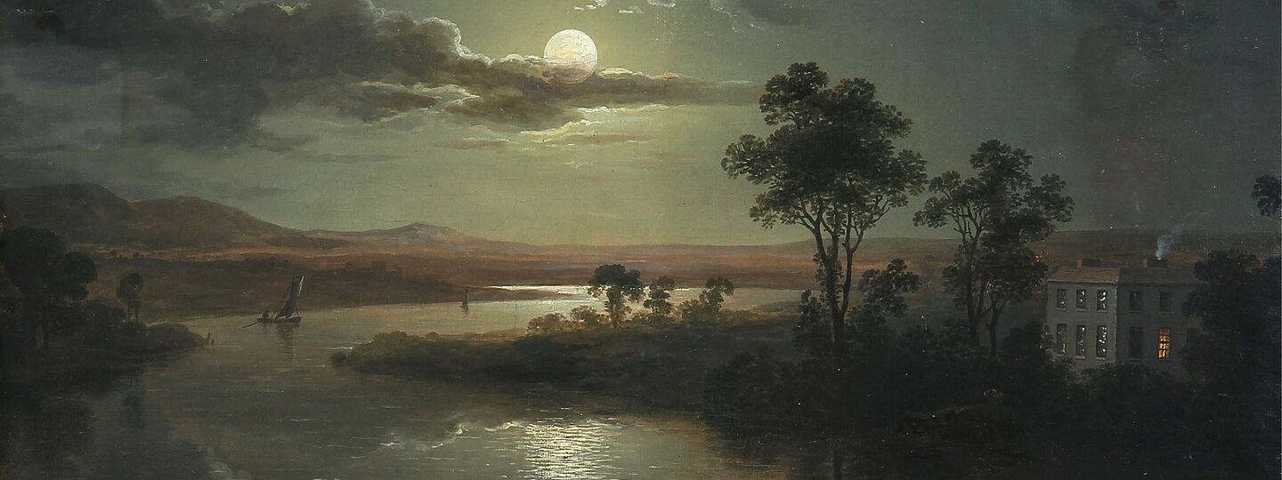 Evening scene with full moon and persons, by Abraham Pether
