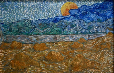 Landscape with wheat sheaves and rising moon, by Vincent van Gogh