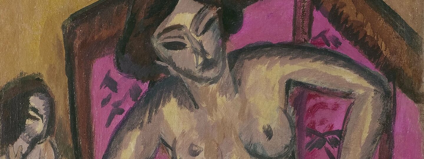 Nude kneeling before a red screen, by Ernst Ludwig Kirchner