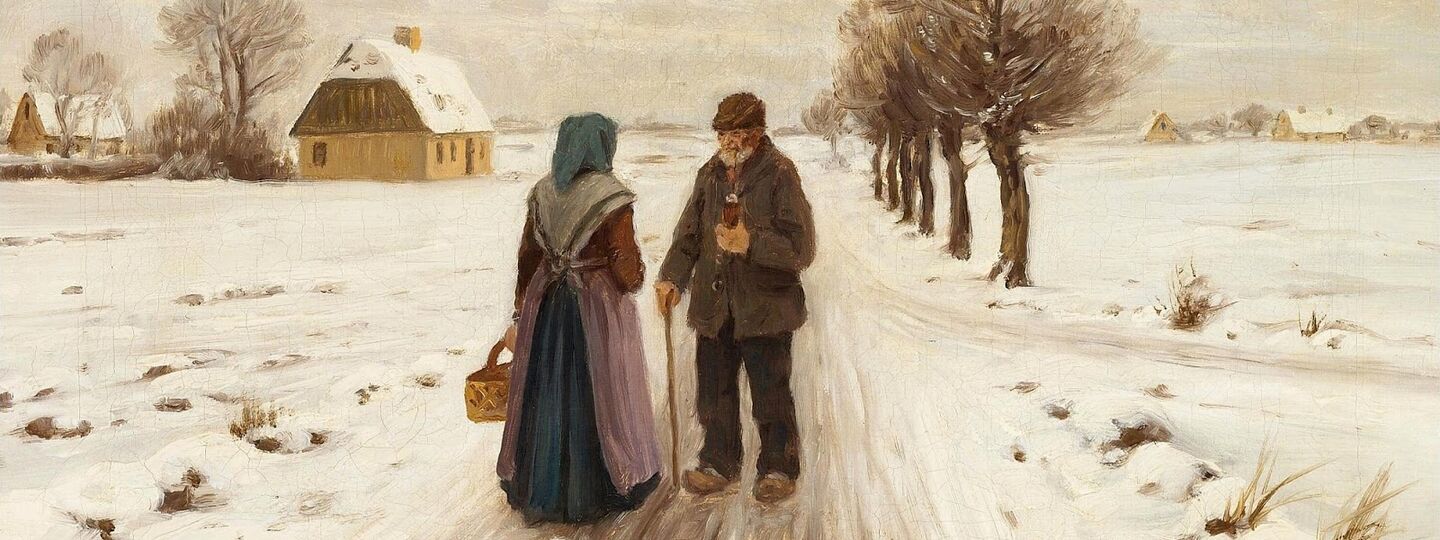 Winter landscape with an old couple on a road, by Hans Andersen Brendekilde